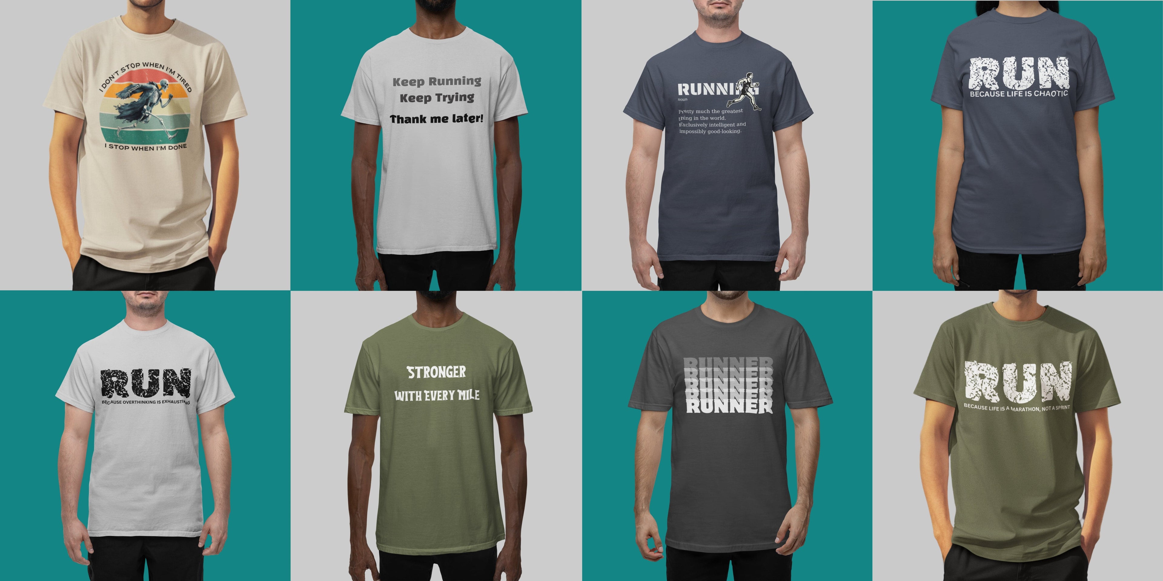 A collage of new arrival running t-shirts, including designs for men and women. The collection features shirts with various phrases such as 'Keep Running', 'Stronger With Every Mile', and 'Run Like Never Before'.