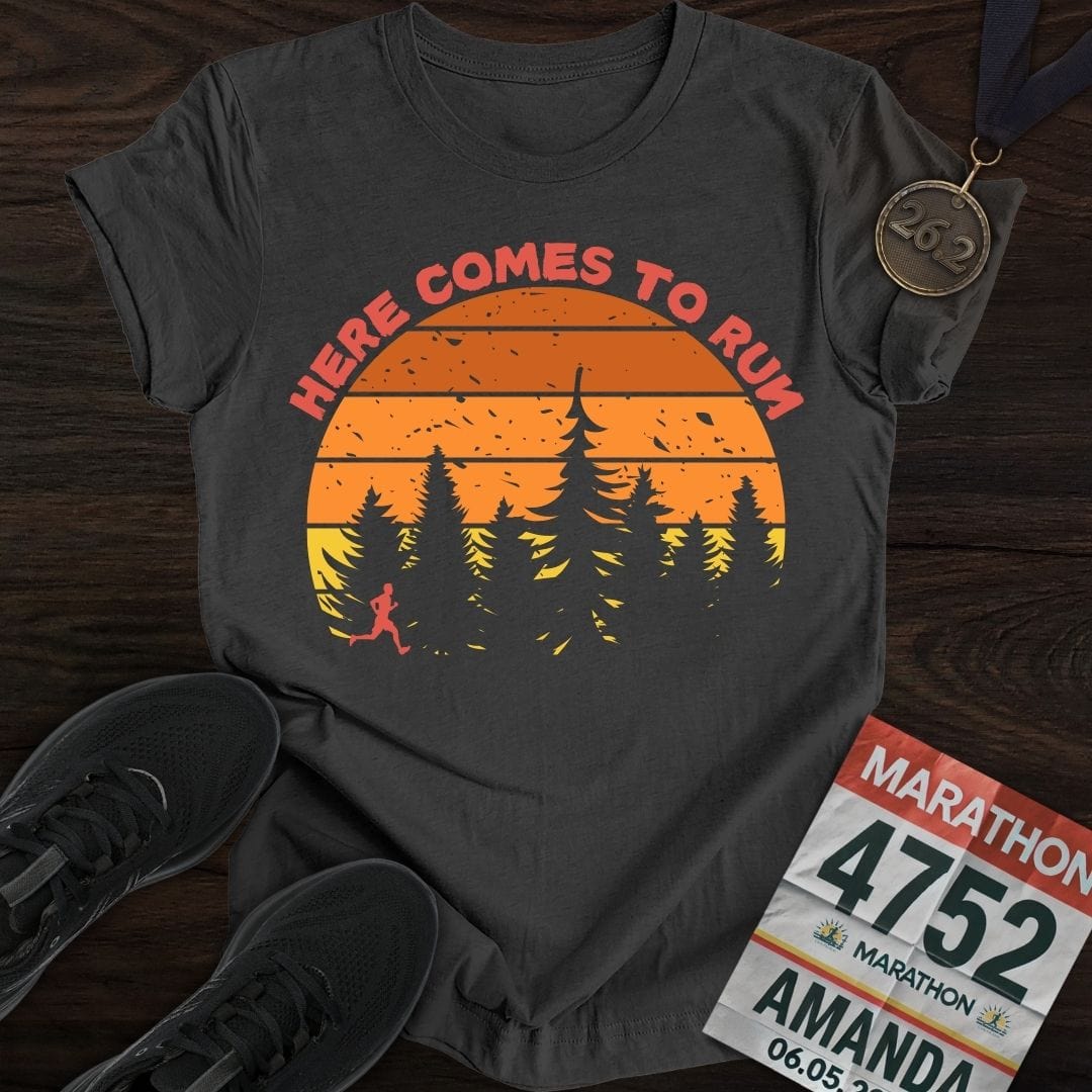 Printify T-Shirt Dark Heather / S Here Comes To Run T-Shirt