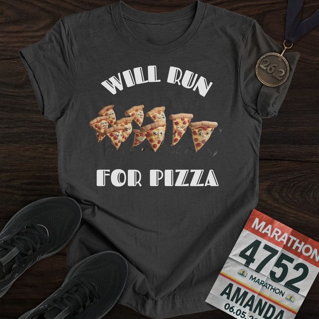 Printify T-Shirt Dark Heather / S Will Run For Pizza T-Shirt