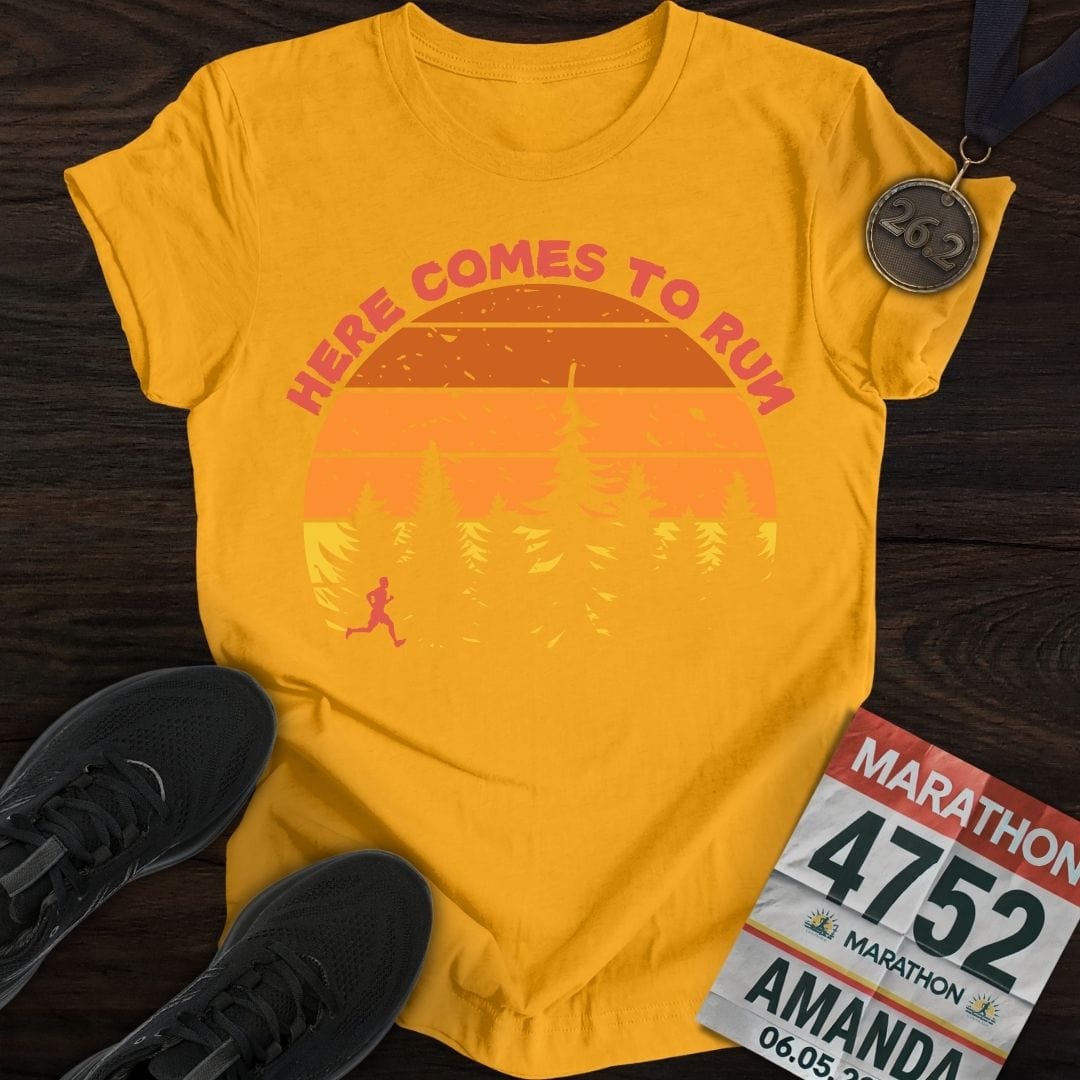 Printify T-Shirt Gold / S Here Comes To Run T-Shirt