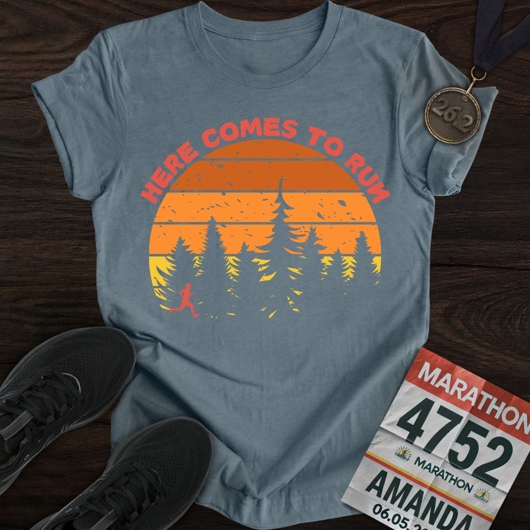 Printify T-Shirt Heather Indigo / S Here Comes To Run T-Shirt