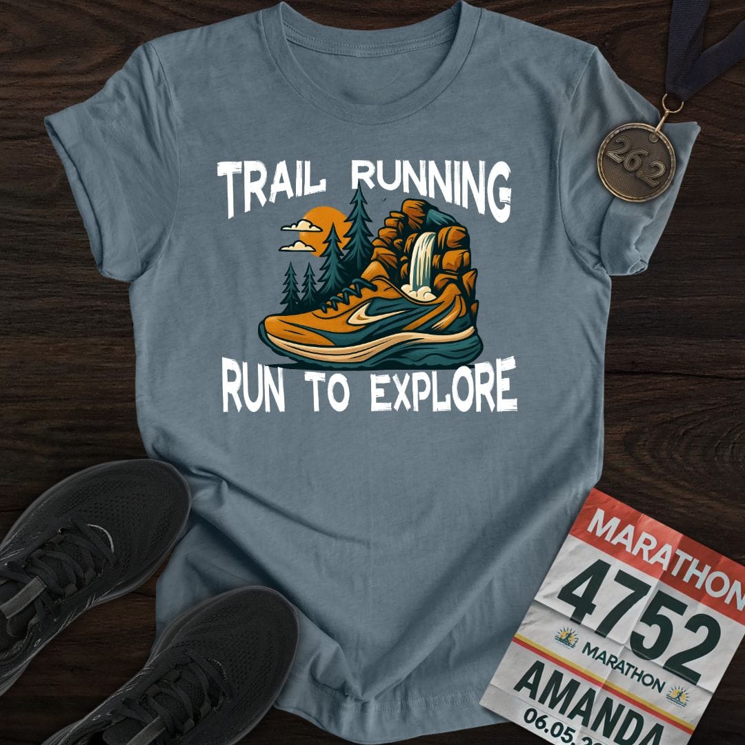 Printify T-Shirt Heather Indigo / S Trail Running / Run To Explore T-Shirt