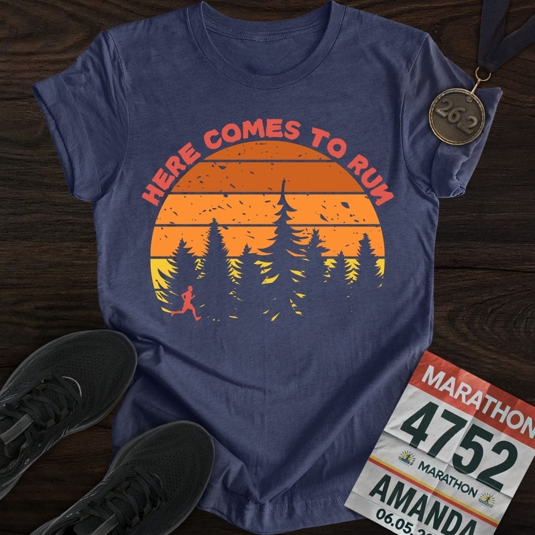 Printify T-Shirt Heather Navy / S Here Comes To Run T-Shirt