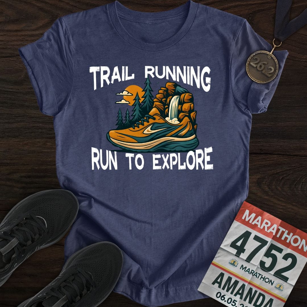 Printify T-Shirt Heather Navy / S Trail Running / Run To Explore T-Shirt
