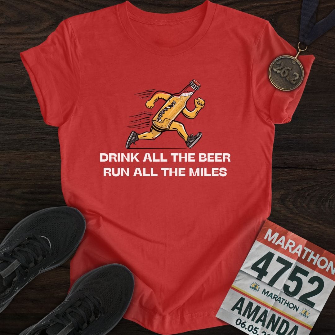 Printify T-Shirt Heather Red / S Drink Beer Run Miles T-Shirt
