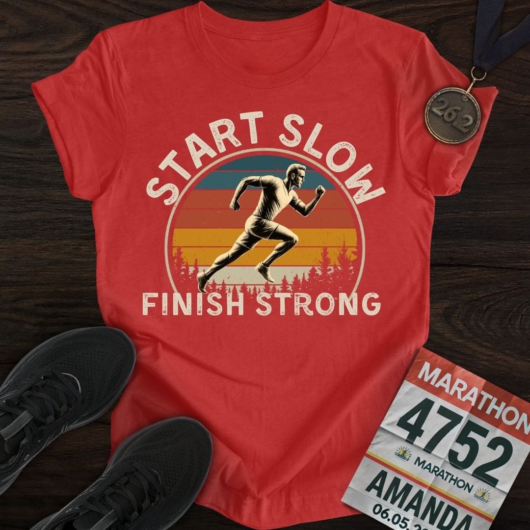 Printify T-Shirt Heather Red / S Start Slow, Finish Strong T-shirt