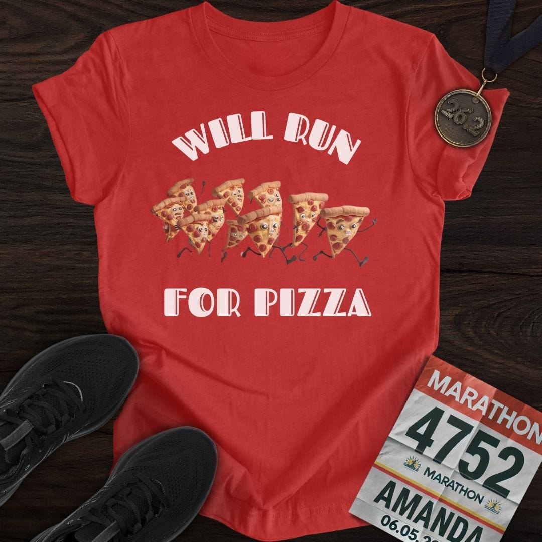 Printify T-Shirt Heather Red / S Will Run For Pizza T-Shirt
