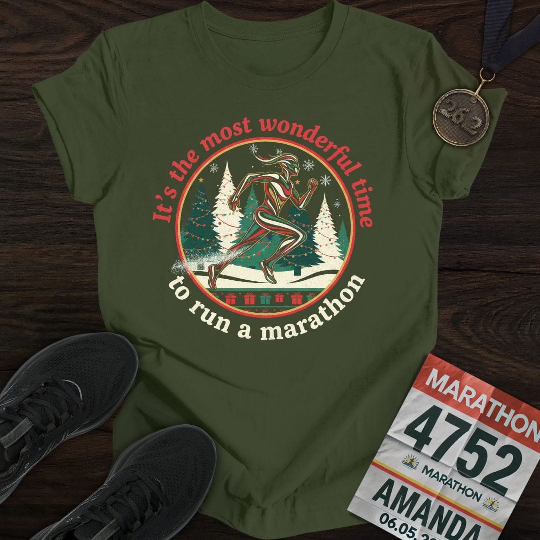 Printify T-Shirt Military Green / M Wonderful Time To Run A Marathon T-Shirt (Woman)