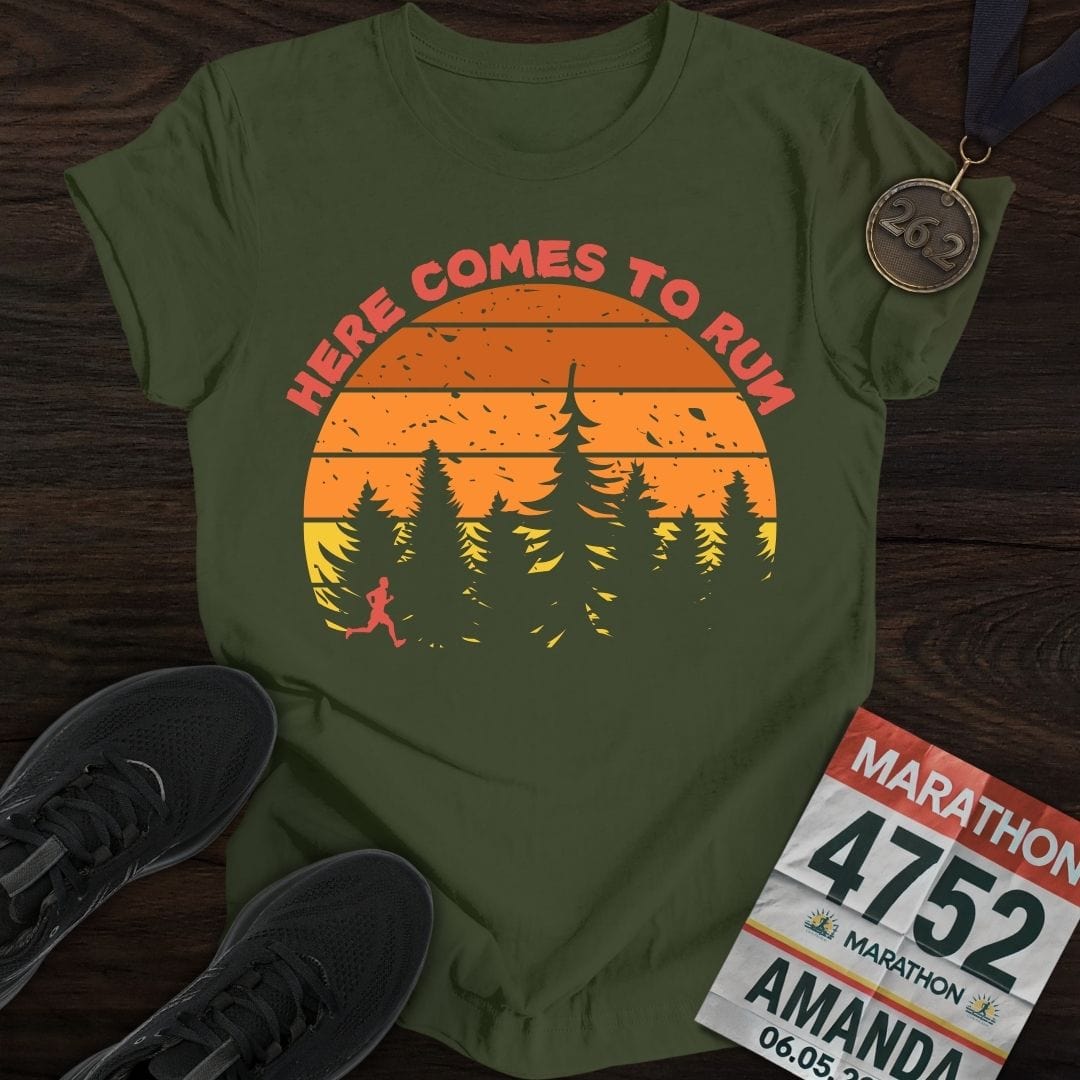 Printify T-Shirt Military Green / S Here Comes To Run T-Shirt