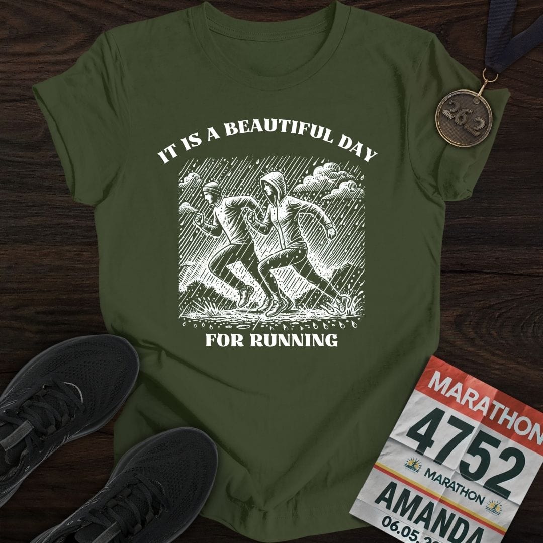 Printify T-Shirt Military Green / S Run Rainy Day T-Shirt