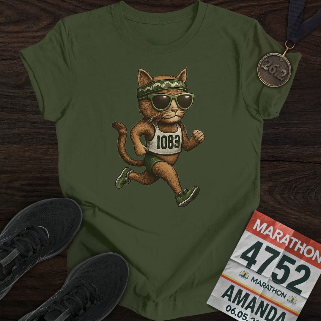 Printify T-Shirt Military Green / S Runner Cat T-Shirt