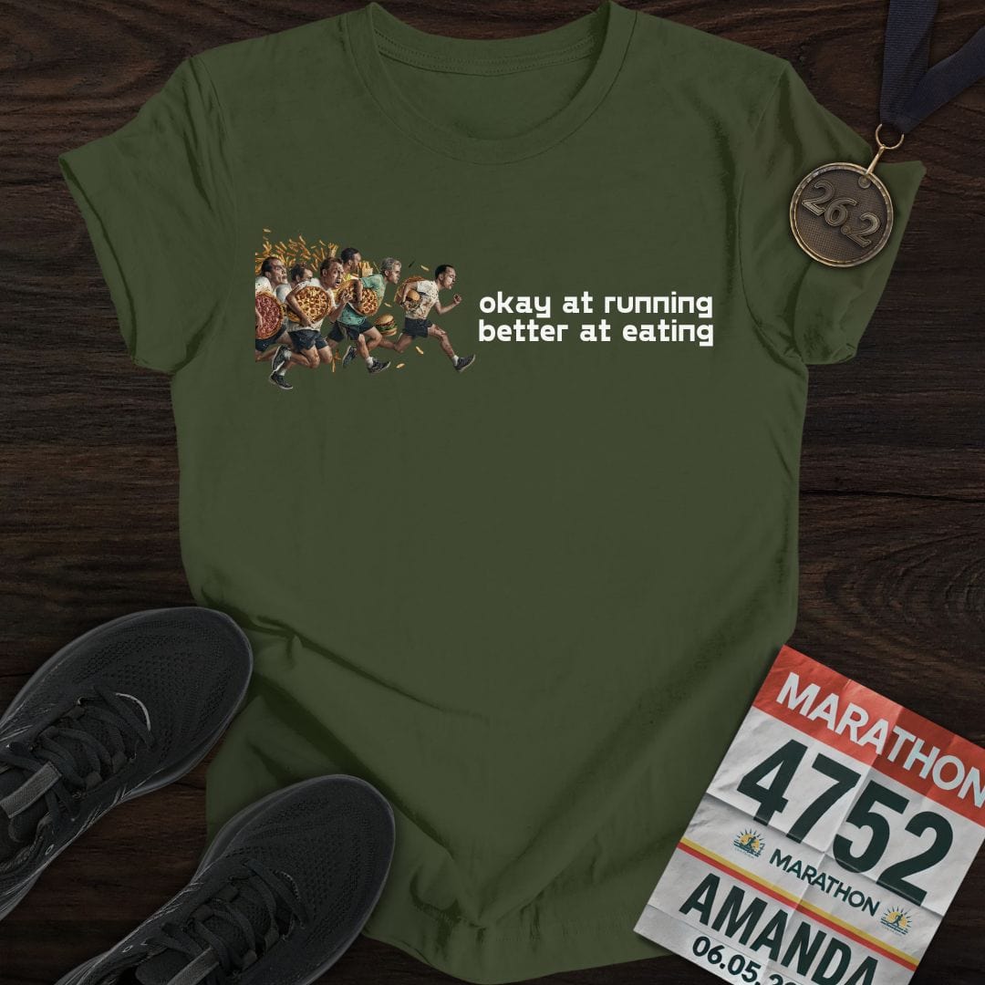 Printify T-Shirt Military Green / S Running And Eating Two T-Shirt