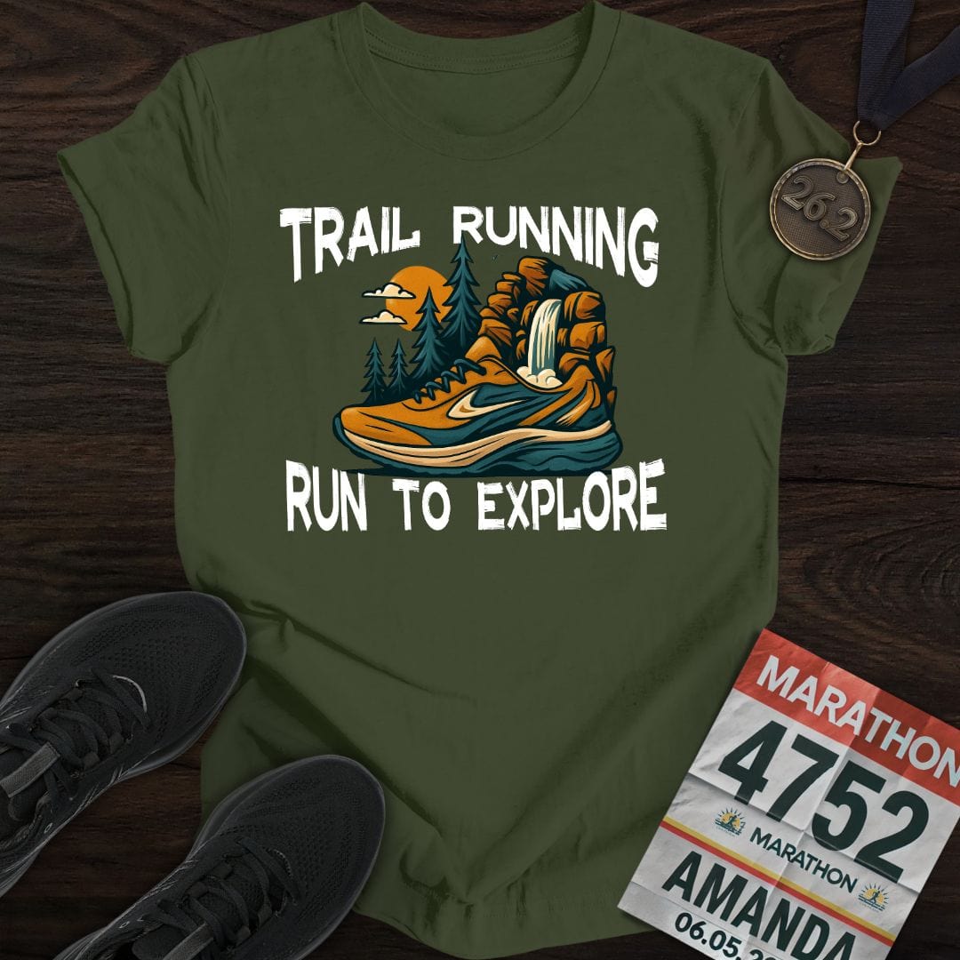Printify T-Shirt Military Green / S Trail Running / Run To Explore T-Shirt