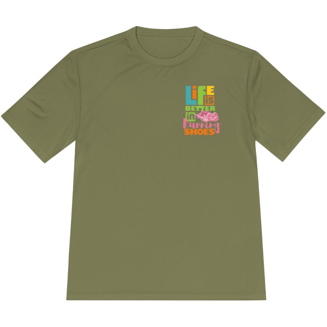 Printify T-Shirt Olive Drab Green / XS Life Is Better In Running Shoes T-Shirt / Pro