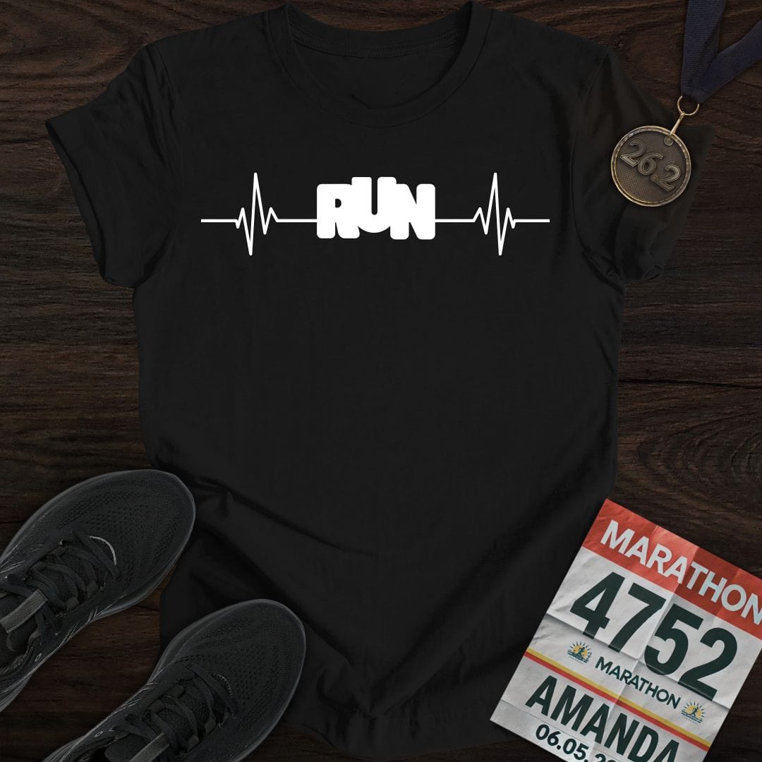 A black 'Run with Your Heart' t-shirt with a white graphic, highlighting the heart-pounding passion for running.