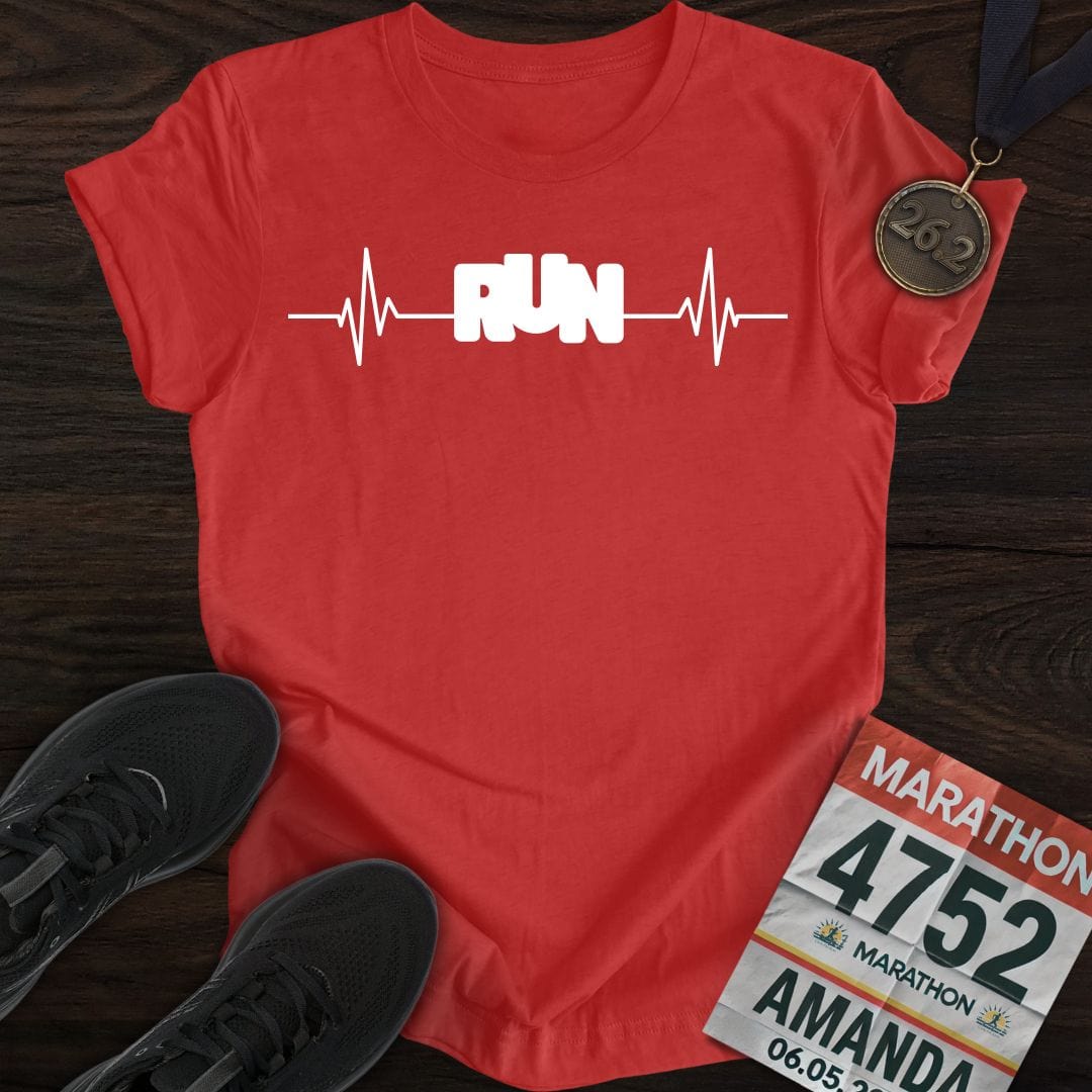 A heather red 'Run with Your Heart' t-shirt with a white heartbeat line, perfect for passionate runners.