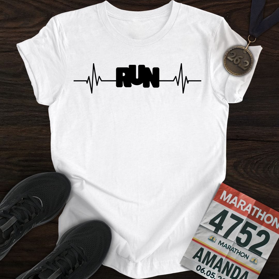 A classic white 'Run with Your Heart' t-shirt, showcasing the simple and powerful 'RUN' text with a heartbeat rhythm.