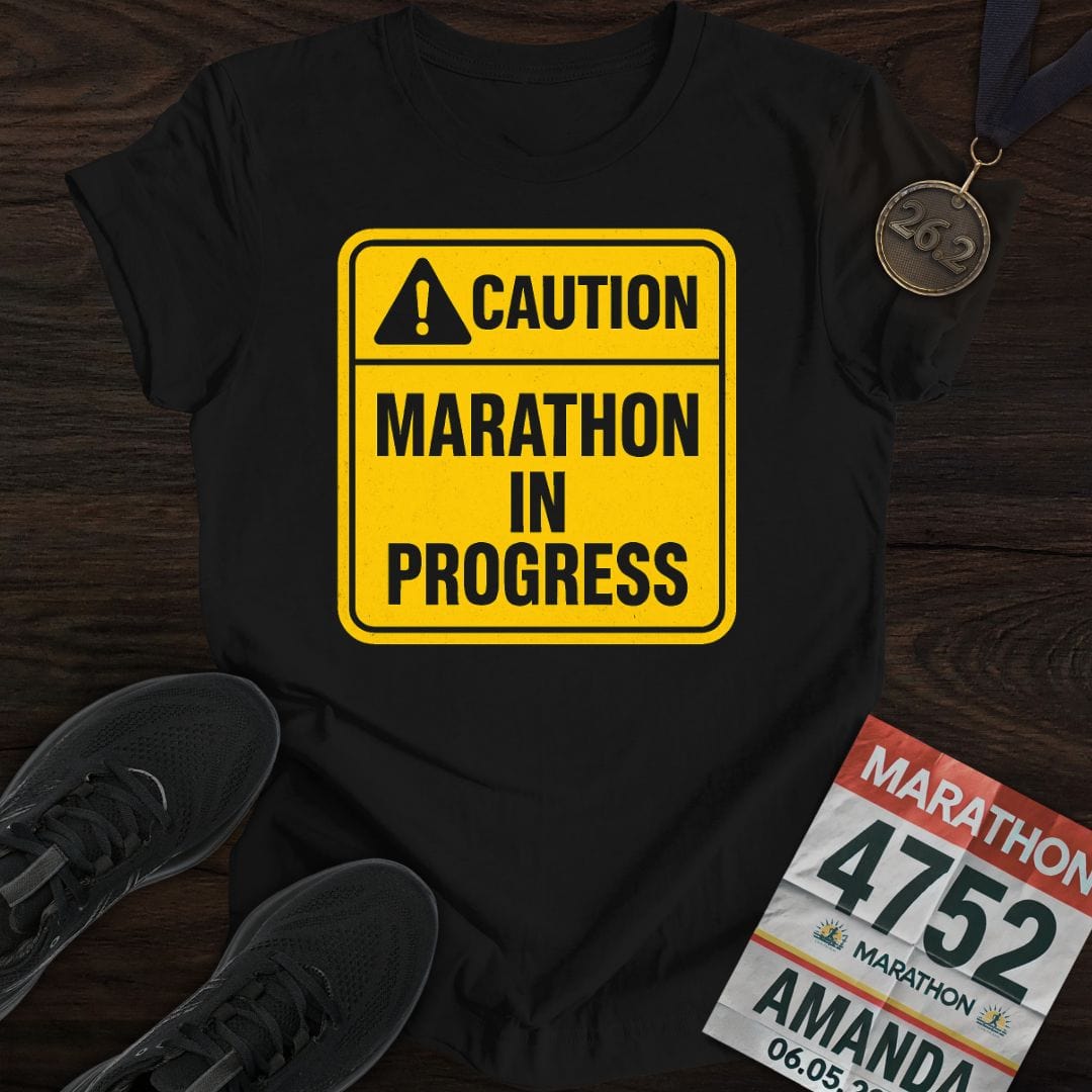 Printify T-Shirt Black / S Caution: Marathon in Progress T-Shirt