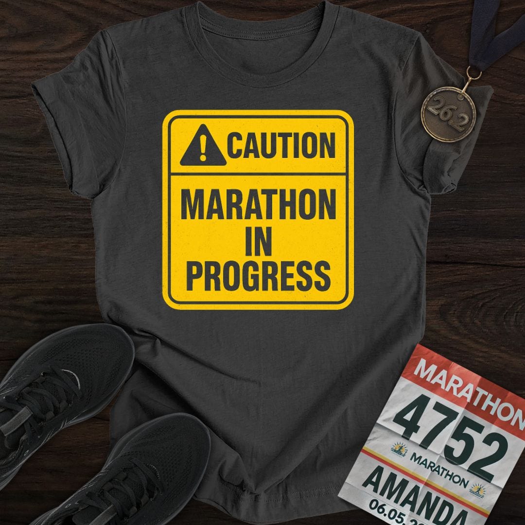 Printify T-Shirt Dark Heather / S Caution: Marathon in Progress T-Shirt