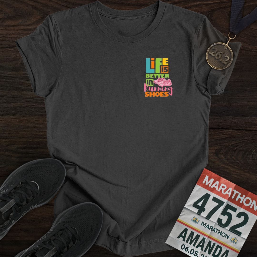 Printify T-Shirt Dark Heather / S Life Is Better In Running Shoes T-shirt