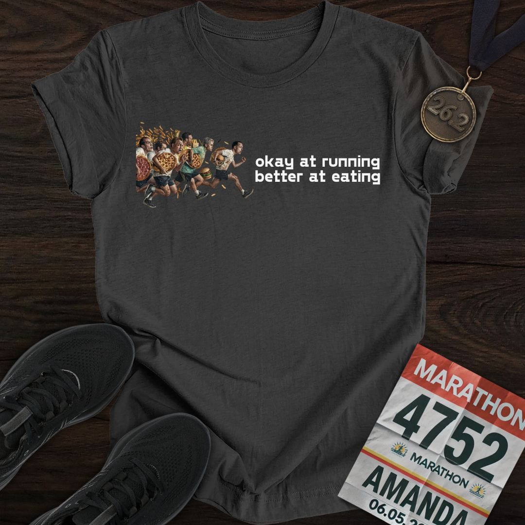 Printify T-Shirt Dark Heather / S Running And Eating Two T-Shirt
