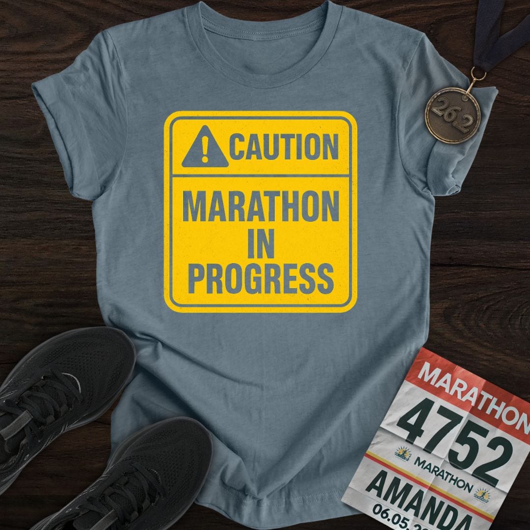 Printify T-Shirt Heather Indigo / S Caution: Marathon in Progress T-Shirt