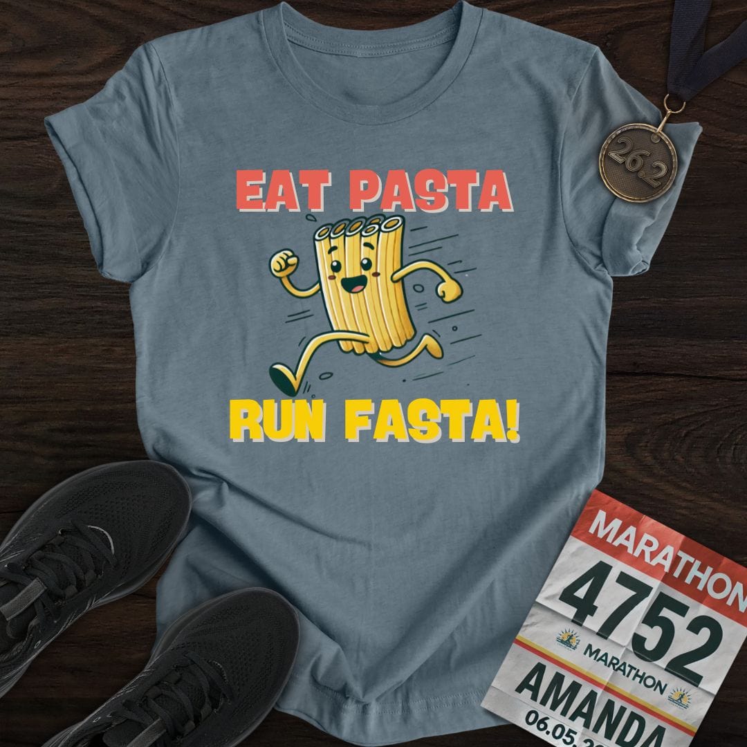 Printify T-Shirt Heather Indigo / S Eat Pasta Run Fasta T-Shirt