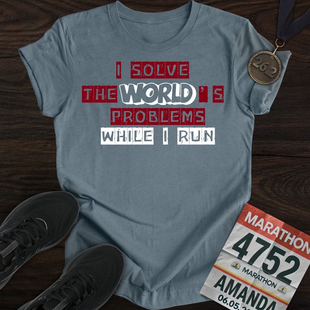Printify T-Shirt Heather Indigo / S Solve The World's Problems While I Run! T-shirt