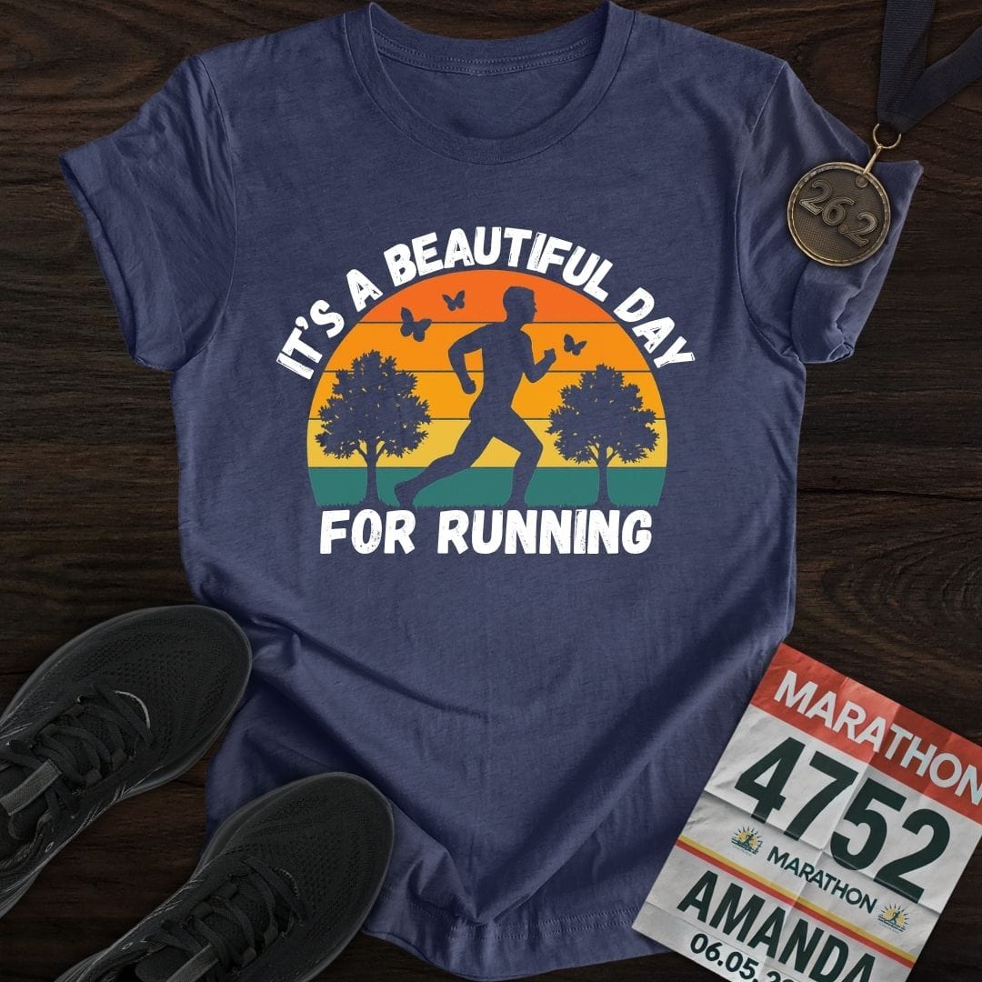 Printify T-Shirt Heather Navy / S Beautiful Day for Running T-Shirt