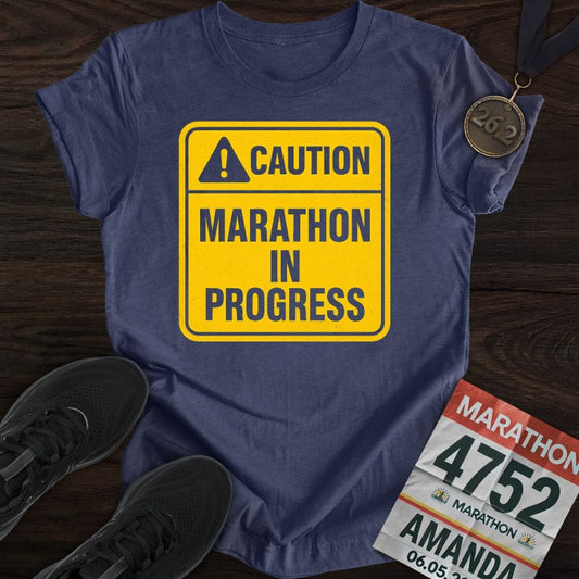 Printify T-Shirt Heather Navy / S Caution: Marathon in Progress T-Shirt