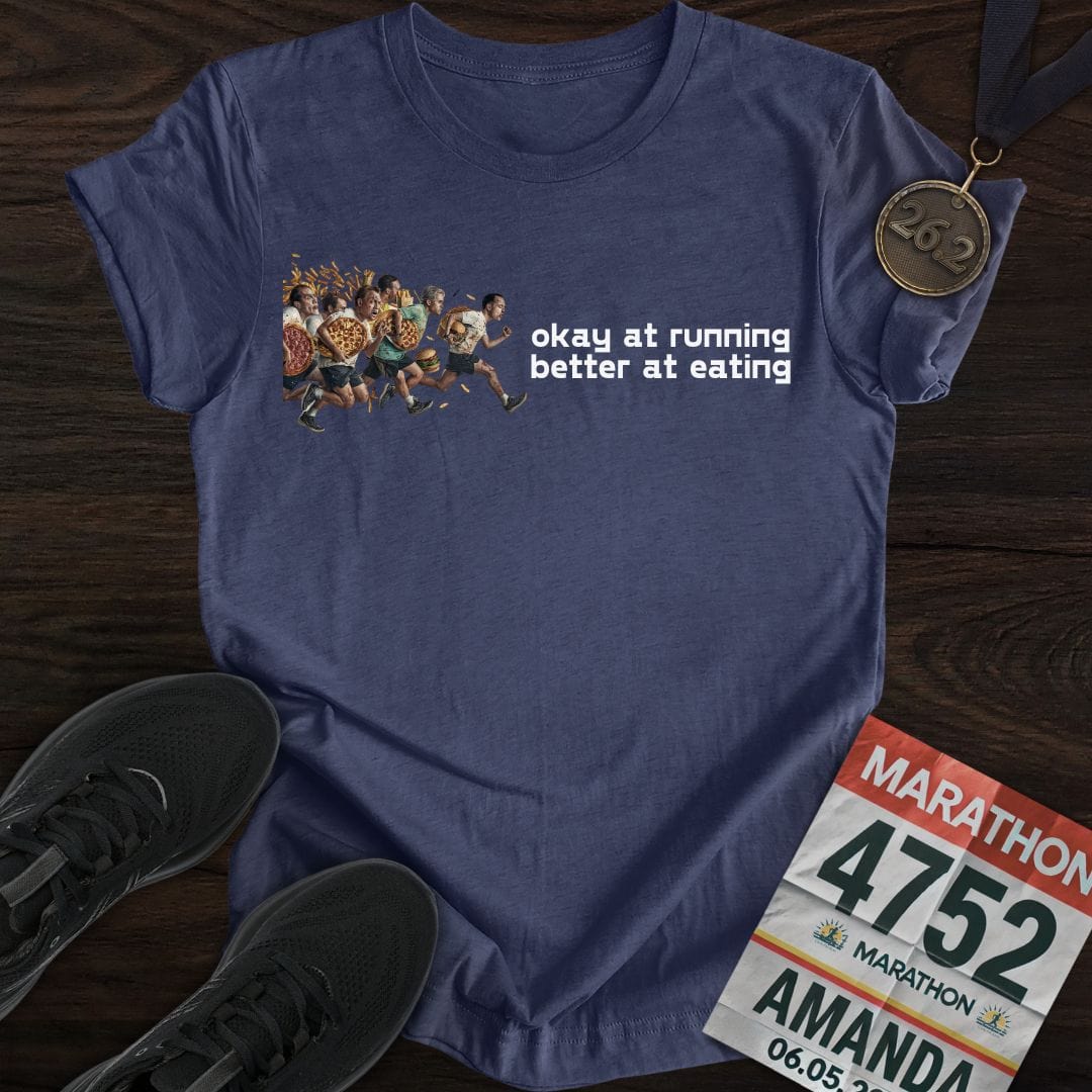Printify T-Shirt Heather Navy / S Running And Eating Two T-Shirt