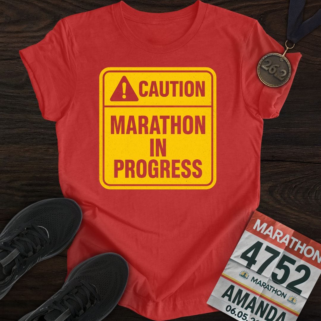 Printify T-Shirt Heather Red / S Caution: Marathon in Progress T-Shirt