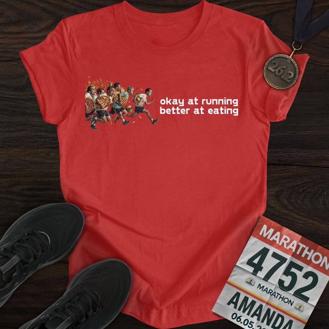 Printify T-Shirt Heather Red / S Running And Eating Two T-Shirt