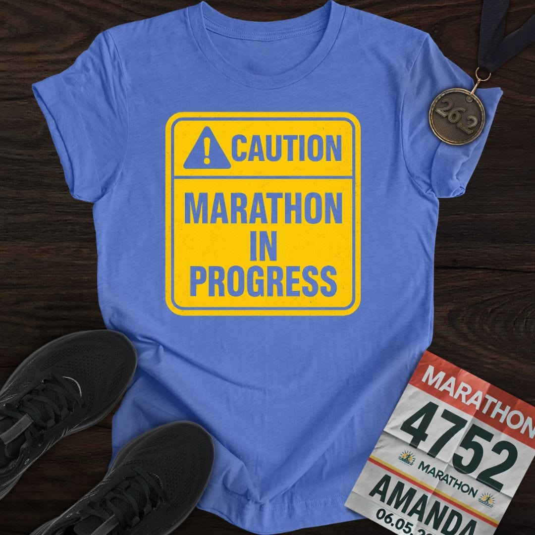 Printify T-Shirt Heather Royal / S Caution: Marathon in Progress T-Shirt