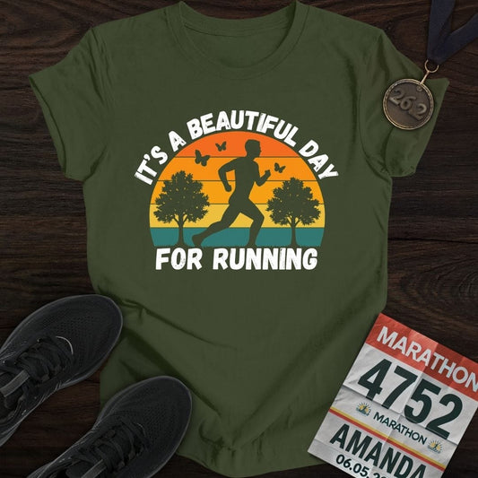 Printify T-Shirt Military Green / S Beautiful Day for Running T-Shirt