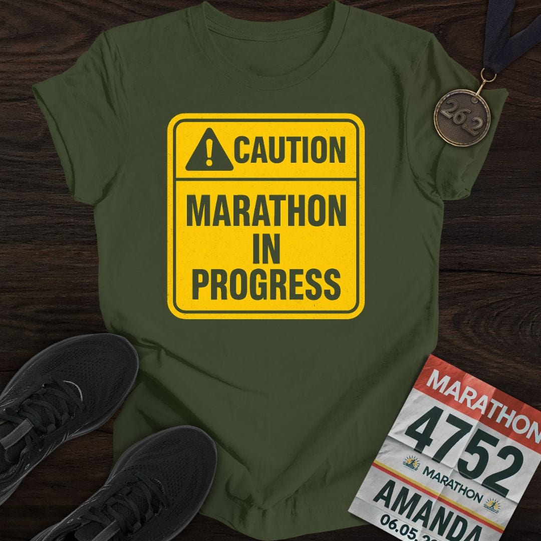 Printify T-Shirt Military Green / S Caution: Marathon in Progress T-Shirt