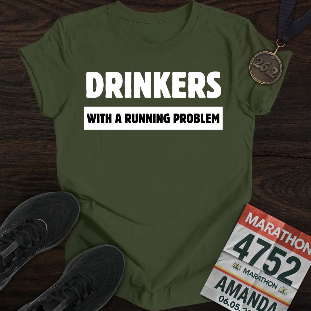 Printify T-Shirt Military Green / S Drinkers With A Running Problem T-Shirt