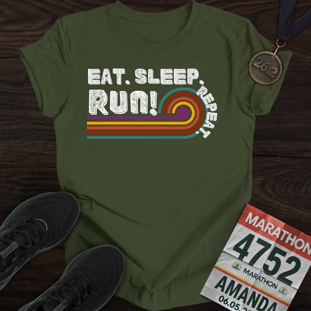 Printify T-Shirt Military Green / S Eat Sleep Run Repeat Retro T-shirt