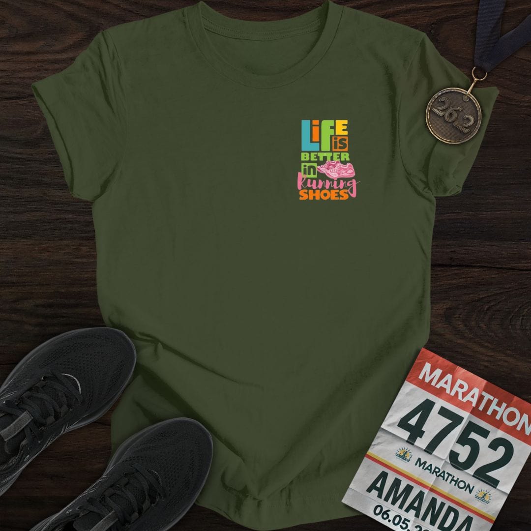 Printify T-Shirt Military Green / S Life Is Better In Running Shoes T-shirt