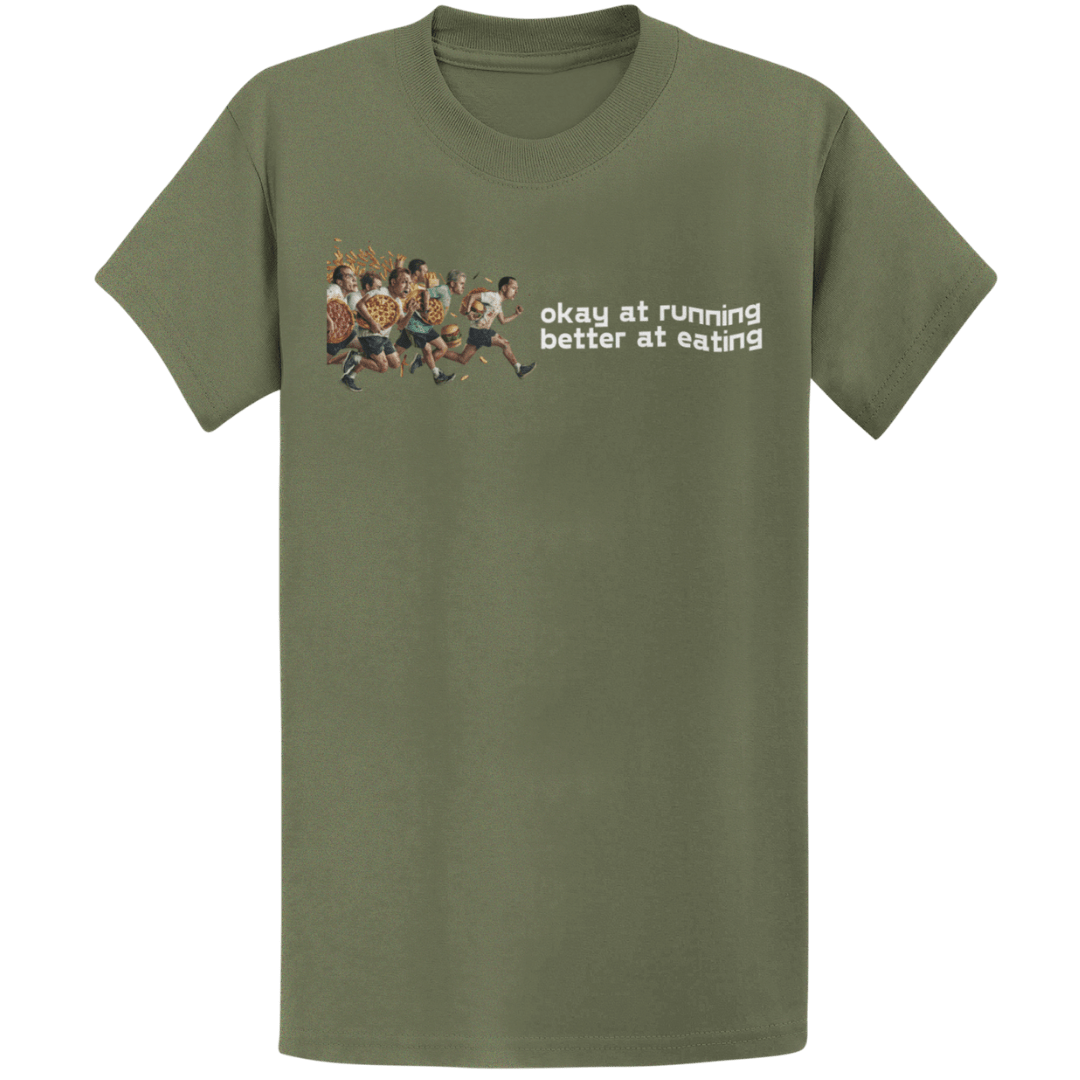 Printify T-Shirt Military Green / S Running And Eating Two T-Shirt