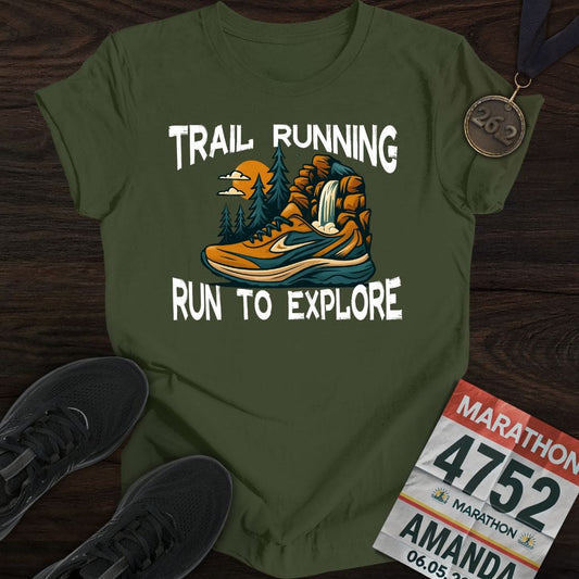 Printify T-Shirt Military Green / S Trail Running / Run To Explore T-Shirt