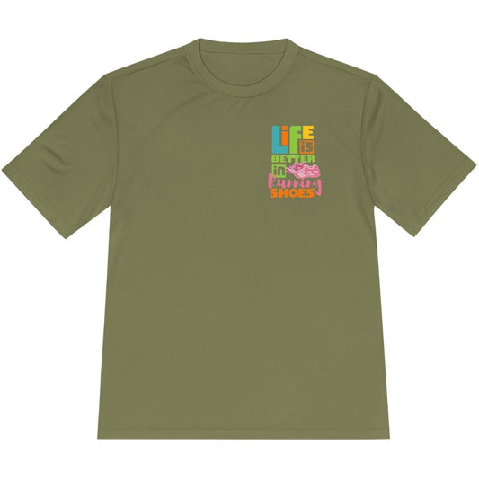 Printify T-Shirt Olive Drab Green / XS Life Is Better In Running Shoes T-Shirt / Pro