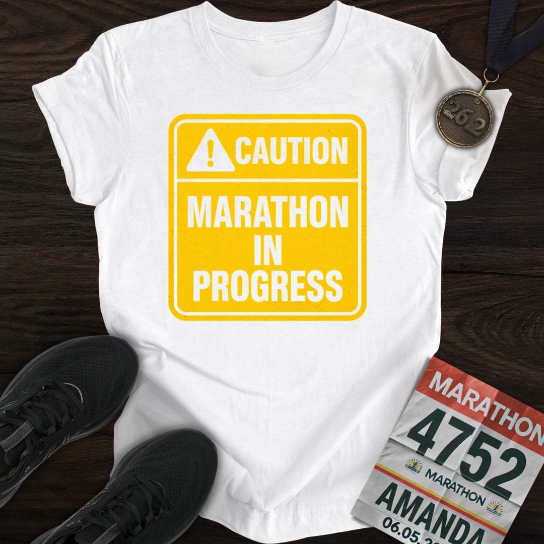 Printify T-Shirt White / S Caution: Marathon in Progress T-Shirt