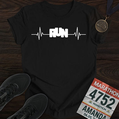 A black 'Run with Your Heart' t-shirt with a white graphic, highlighting the heart-pounding passion for running.